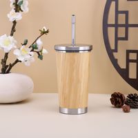 Bouteille d'eau en acier inoxydable avec couvercle en bambou écologique, thermos à double paroi, gourde intelligente pour café et thé avec poignée