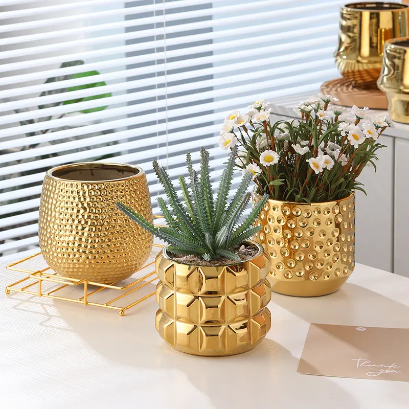 Pot bunga keramik emas kantor perangkat bunga tanaman hijau pot elektroplating