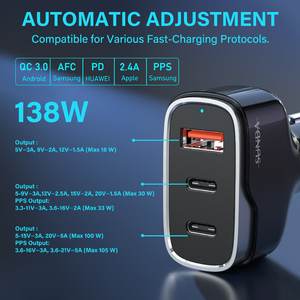 Cargador Súper Rápido Sunda para Auto 138W PD <span class=keywords><strong>3</strong></span>.0 Portátil Tipo C con <span class=keywords><strong>3</strong></span> Puertos USB Adaptador Móvil Multiusos para Teléfono y Auto - Product Image 4