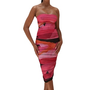 2020 multicolor sin tirantes fruncido vestido Midi Sexy señoras de malla de verano Bodycon vestidos - Product Image 1