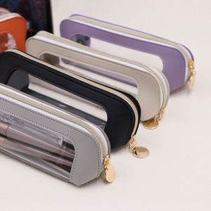PU Leather Clear PVC Zippered Pencil <b>Case</b> Pen Bag Customizable Logo 20x5.2x6.5cm-Portable <b>Makeup</b> <b>Brush</b> Bag for Stationery - Product Image 4