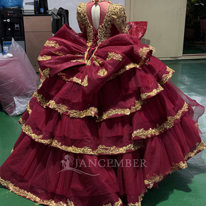 Vestido de Quinceañera Rojo y Dorado con Flores, Vestidos de 15 Años con Lentejuelas, Cuentas y Encaje, Vestido de Fiesta Xs202 - Product Image 2