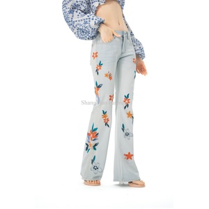 Pantalones Vaqueros de Mujer de Cintura Alta con Bordado Floral, Pantalones Anchos con Bordado Floral, Transpirables, de Marca - Product Image 3