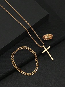 Hip Hop 18K Plaqué Or En Acier Inoxydable Croix Pendentif Collier De Mode Hommes Croix Pendentif Collier Bracelet Anneau Ensemble De Bijoux - Product Image 4