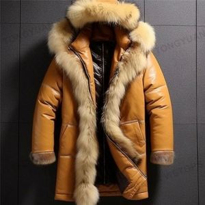 <span class=keywords><strong>Manteau</strong></span> d'hiver en cuir et duvet pour <span class=keywords><strong>homme</strong></span>, épais, mi-<span class=keywords><strong>long</strong></span>, à <span class=keywords><strong>capuche</strong></span>, avec faux col en <span class=keywords><strong>fourrure</strong></span> de renard, grandes tailles, vente en gros pour fabricants de vêtements - Product Image 3