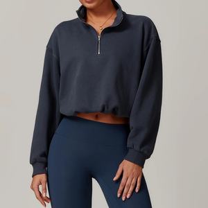 Nouveau sweat-shirt à capuche court pour femme, tissé, à manches longues, col montant, imprimé avec logo frontal, pour le fitness, la course et l'entraînement - Product Image 6