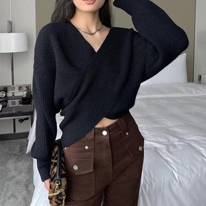 European Style Sexy Loose Shoulder Navel <strong>Knit</strong> Sweater Tops Female Cross Sweater - Product Image 4