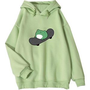 Sweat-shirt à capuche surdimensionné à manches longues pour femme, motif grenouille mignonne, respirant, en maille, style skateboard - Product Image 1