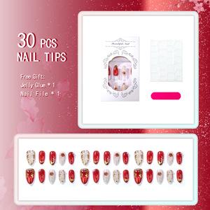 30 faux ongles courts en amande à presser, avec perles de verre, effet œil de chat, feuille d'or et motif rose, pour salon, DIY et usage quotidien - Product Image 2