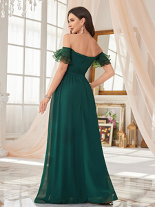 Robe de soirée formelle en mousseline de soie pour femmes, couleur verte, épaules dénudées, paillettes, perles, volants, manches à 3 couches, ceinture à la taille, fente latérale plissée - Product Image 2