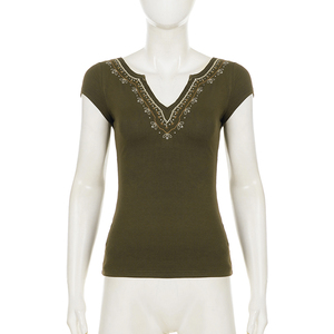 Camiseta de Algodón de Manga Corta con Cuello en V y Bordado Floral Estilo Vintage para Mujer, Blusa Casual Y2K a la Moda - Product Image 6