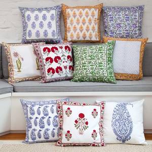 PRABHAVA Hand Block Printed Bohemian Vintage Floral 400TC Cotton Throw <b>Pillow</b> Cover 16x16 <b>Square</b> Zipper Closure Washable Decor - Product Image 1