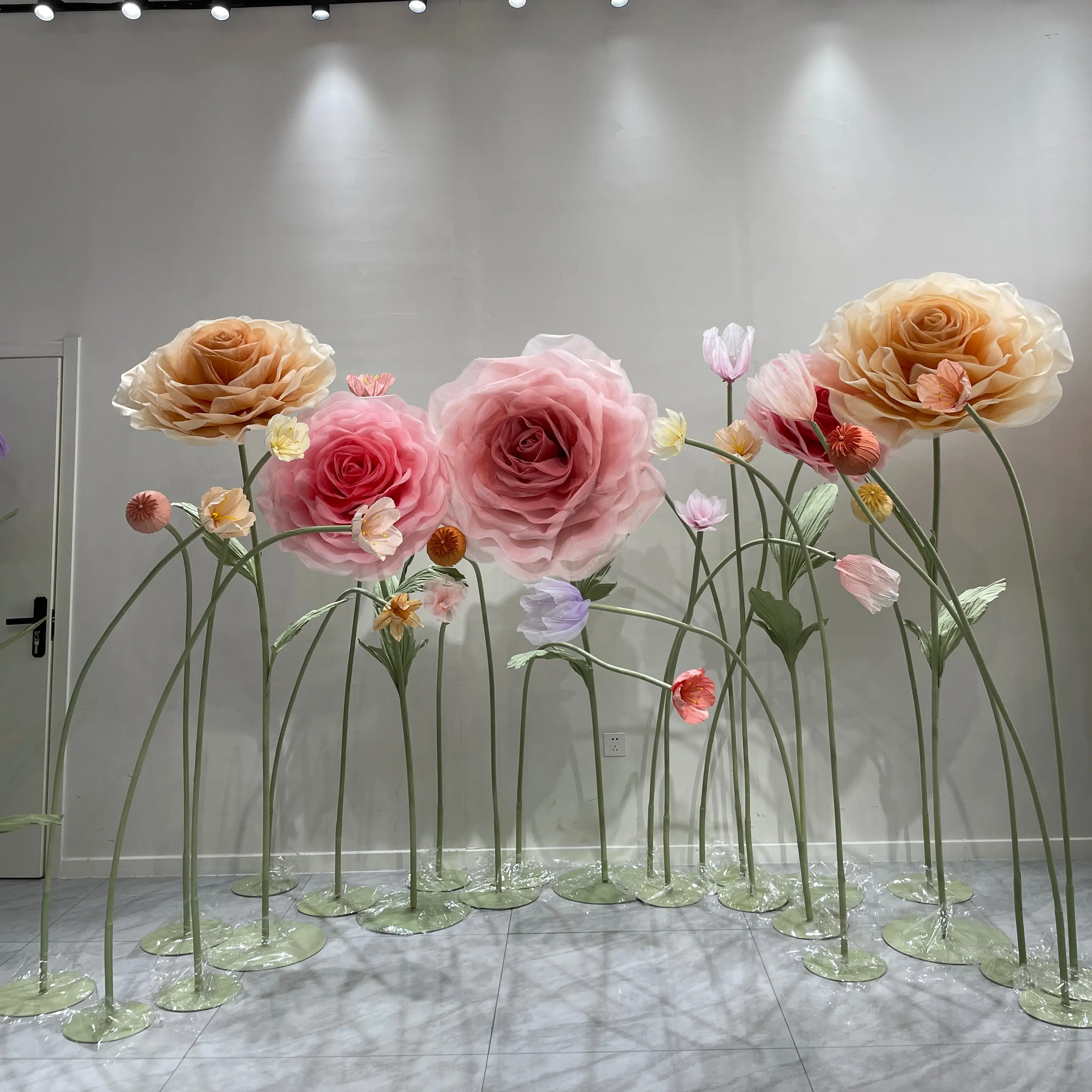 Fiori di Organza di seta in piedi giganti grande sfondo di fiori di papavero di peonia rosa di alta qualità per la decorazione della festa dell'evento di nozze