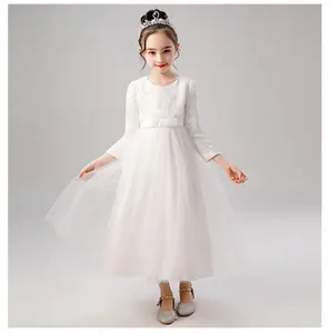 Huanyangfashion Lente Lange Witte Bloem Meisjes Kids Party Prinses Elegante Baljurk Lange Mouwen Pary Jurk