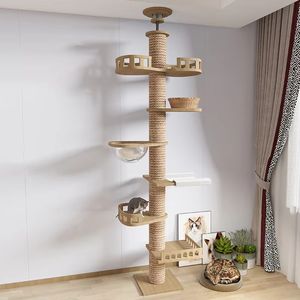 Menara pohon kucing langit-langit besar mewah tinggi dapat disesuaikan tiang gores kucing kayu Solid untuk kucing besar dibuat dengan tali Sisal - Product Image 5