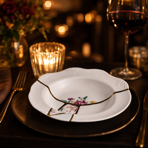 Assiette en porcelaine blanche style Kintsugi, réparation dorée, motif floral, pour l'hôtellerie - Product Image 5