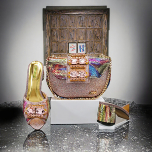 High Quality rainbow <b>Wedges</b> Slip-On PU Lightweight Printed Rhinestone Elegant Bridal Shoes & Bag <b>Set</b> for Party Summer Winter - Product Image 3