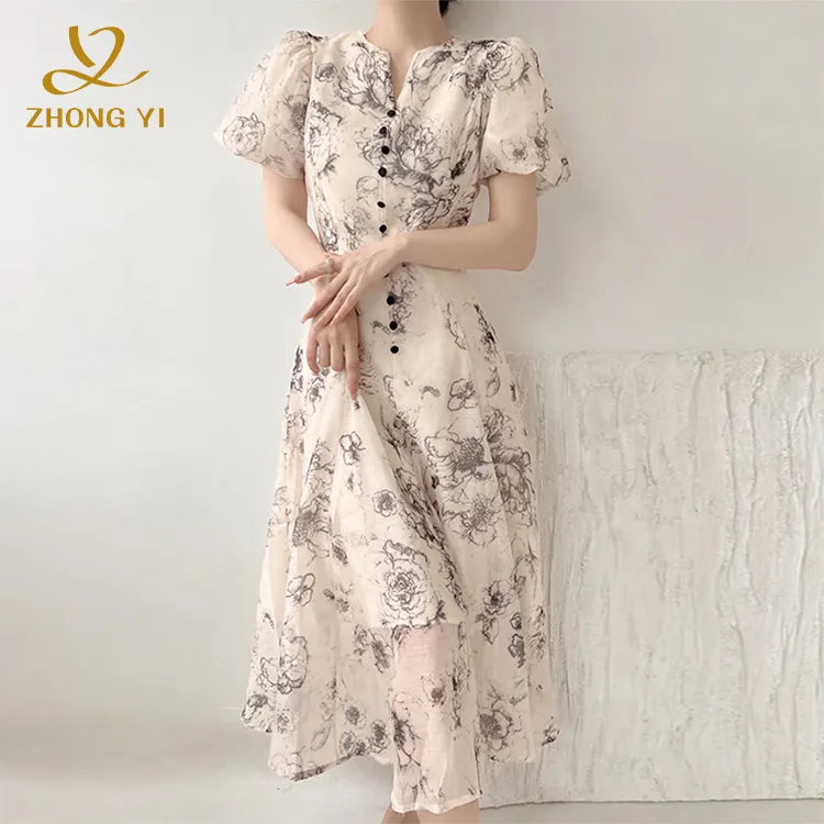 Özel zarif kadın yaz uzun etek gri tasarım mürekkep çiçek baskı kısa kollu orta uzunlukta rahat elbiseler
