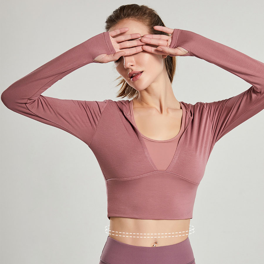Hot Sale Sexy Long Sleeve Hooded Crop Top Deep V Neck Super Elastic Slim Fit Active Wear Yoga Top Cotton Sportswear Shirts