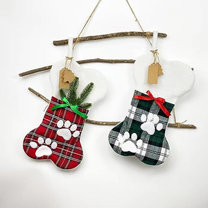 Custom Wholesale Christmas Stocking Set Cute Plaid Check Embroidery for Pet <b>Dog</b> Bone Cat's Paw Toy Holders <b>Xmas</b> <b>Gift</b> Decoration - Product Image 2