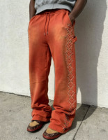 Pantalon de survêtement ample pour homme, style vintage délavé, avec strass, taille élastique à cordon, coupe baggy, streetwear