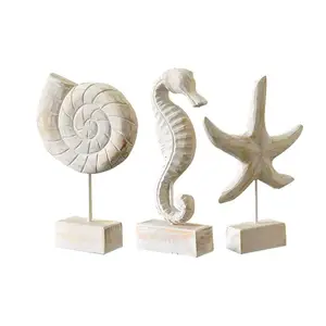 3Pcs Modern Wood Sculpture Home Decor Statue Starfish Conch Seahorse Figurines Beach Nautical Style Table Sculptures Home Decor