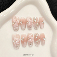 Lot de 10 faux ongles ovales réutilisables faits à la main, taille moyenne, style cercueil, design français, avec décoration croix diamant rose, en PMMA, couvrance totale, à coller