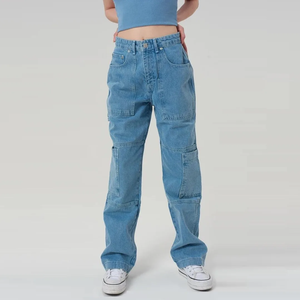 กางเกงยีนส์ขาตรงสีฟ้าสำหรับผู้หญิงกางเกงยีนส์ขาตรงเอวหลายกระเป๋า - Product Image 1