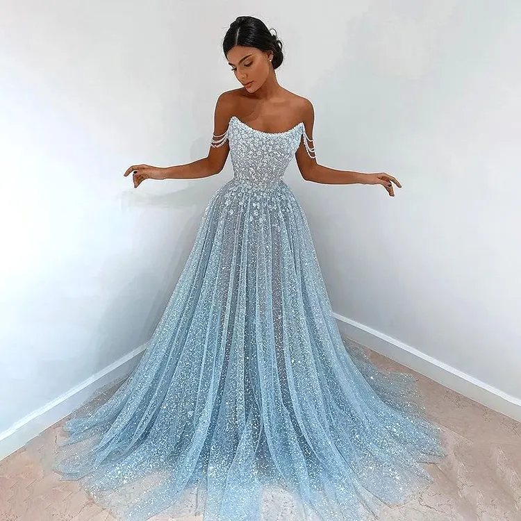 Butterfly Floral Lace Appliques Chiffon Arabic Evening Gown Elegant Glitter Tulle Long Featured Blue Prom Dress For Womens