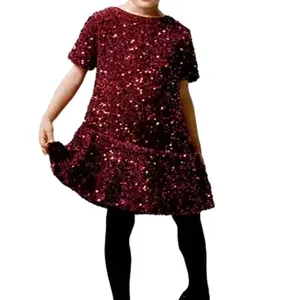 Manufacture Direct Short Sleeve Sweet Style Kids Clothing Sequin Fabric Girls Party Dress For 2-8T