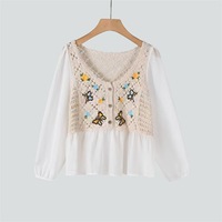 Haut de protection solaire à manches longues en mousseline de soie ajourée avec broderie ethnique et crochet, pull court en maille pour femme tendance