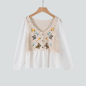 Blusa de punto <span class=keywords><strong>corta</strong></span> con bordado étnico y crochet, de gasa calada, <span class=keywords><strong>manga</strong></span> larga, protección solar, para mujer, a la moda - Product Image 4