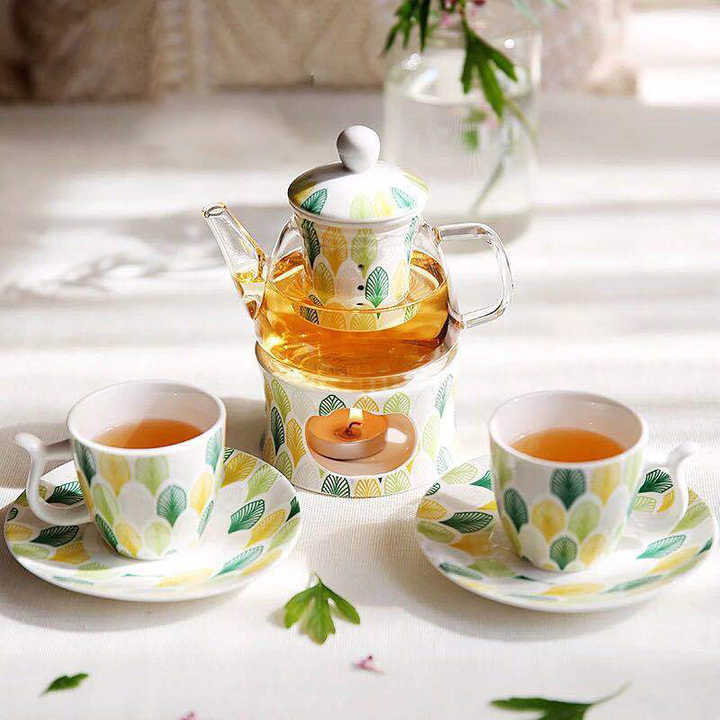 Porcelain Tea Set with Teapot Glass Tea Pot and Ceramic Cup Sets 80ml Coffee Tea Cup and Saucer with Flower Design