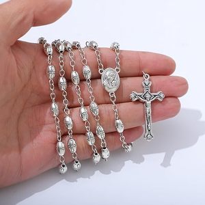 Joias Cristãs Unissex, Presente Vintage, Colar de Rosário Católico em Prata com Cruz e Medalha da Virgem Maria - Product Image 1