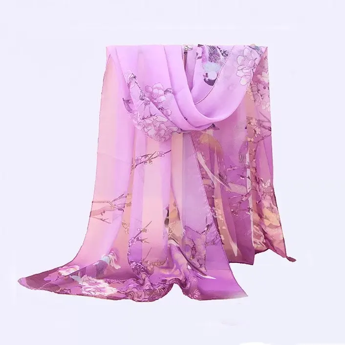Jolie écharpe en mousseline de soie pour femme, foulard Georgette de haute qualité, longue écharpe à imprimé d'oiseau, collection