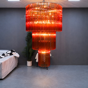 Lustre décoratif en verre rouge, design multi-étages, 32 lumières, luminaire suspendu pour villa, escalier - Product Image 3