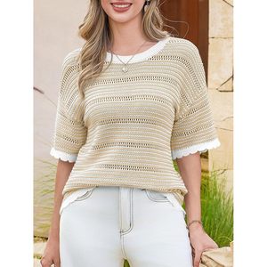 Women's Summer Striped Cropped Knit Top Short Sleeve Crew Neck Casual Breathable <b>Sweater</b> <b>Pullover</b> - Product Image 5