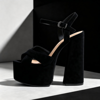 Sandales à plateforme en daim noir pour femme, à talon haut, à brides croisées, bout ouvert, bride cheville, talon carré, boucle, pour soirée, club, ou tenue habillée