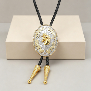 Cravate Bolo Western avec pendentif ovale en forme de cheval, finition métallique bicolore, cordon en cuir tressé, style classique, accessoire à porter au quotidien - Product Image 3