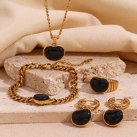 Niche Noir Agate Pêche Coeur Anneau Boucles D'oreilles En Acier Inoxydable Plaqué Or 18K Figaro Chaîne Cubaine Bracelet Collier pour Femmes