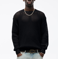 Pull en maille noire surdimensionné pour homme, respirant, ajouré, décontracté, à manches longues, avec couleur personnalisable disponible