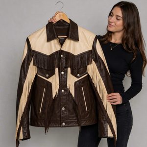 Veste en cuir véritable à franges, coupe-vent, bicolore, écologique, style western cowboy, logo personnalisé, unisexe, vente en gros, OEM, ODM - Product Image 1