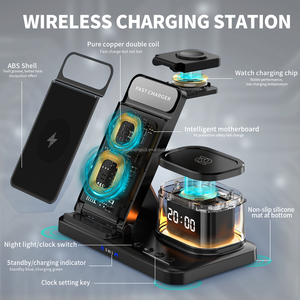 Station de charge sans fil 5-en-1 avec veilleuse LED et réveil, pliable, à charge rapide pour <span class=keywords><strong>iPhone</strong></span> 17 16 15 14, Apple Watch et AirPods - Product Image 2