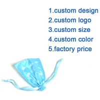 Sac à cordon en satin de soie de luxe, logo personnalisé imprimé, pochette en satin bleu ciel pour extensions de cheveux