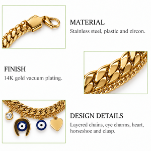 Bracelet à breloques superposées en acier inoxydable plaqué or 14K sous vide, avec zircon motif œil bleu, cœur et fer à cheval, ton or - Product Image 2