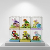 Ensemble de 6 blocs de construction en forme de perroquet, modèle d'oiseau en briques dans une vitrine transparente, jouet de collection DIY empilable pour mini-jardin, cadeau