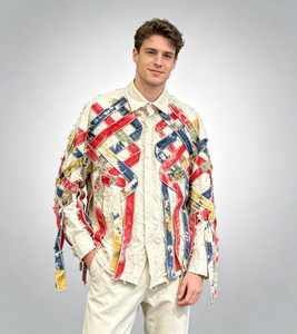 Chemise décontractée en flanelle texturée <span class=keywords><strong>à</strong></span> boutons, multicolore, tie-dye, patchwork de rubans, franges, bretelles, coupe oversize, avant-gardiste pour homme - Product Image 2