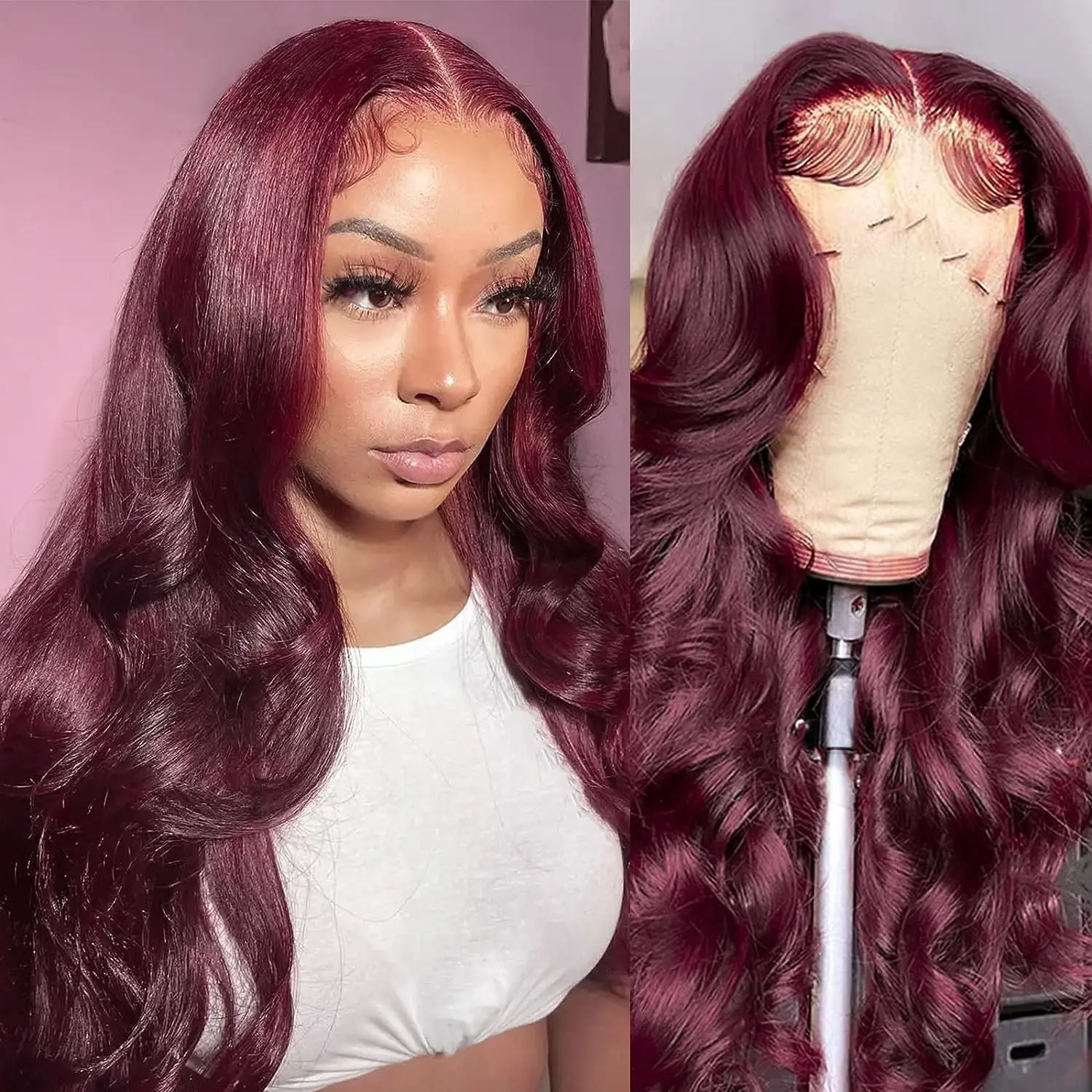 Wig Frontal ungu gelap 13x4 Hd transparan renda Wig Raw Dark 99J Burgundy Body Wave Lace Wig rambut manusia