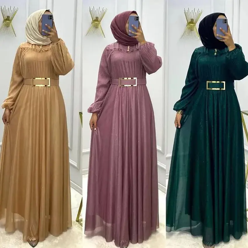 2023 Türkische Chiffon Robe Grün Neueste Designs Lange Abaya Muslimisches Kleid Frauen Kaftan Dubai Von Islamischer Kleidung Ethnische Kleidung