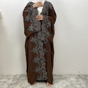 1417#B Women's New Modest Robe Eid Kaftan With Classy Flower Applique Border Big Sleeves Gorgeously Open <b>Abaya</b> - Product Image 3